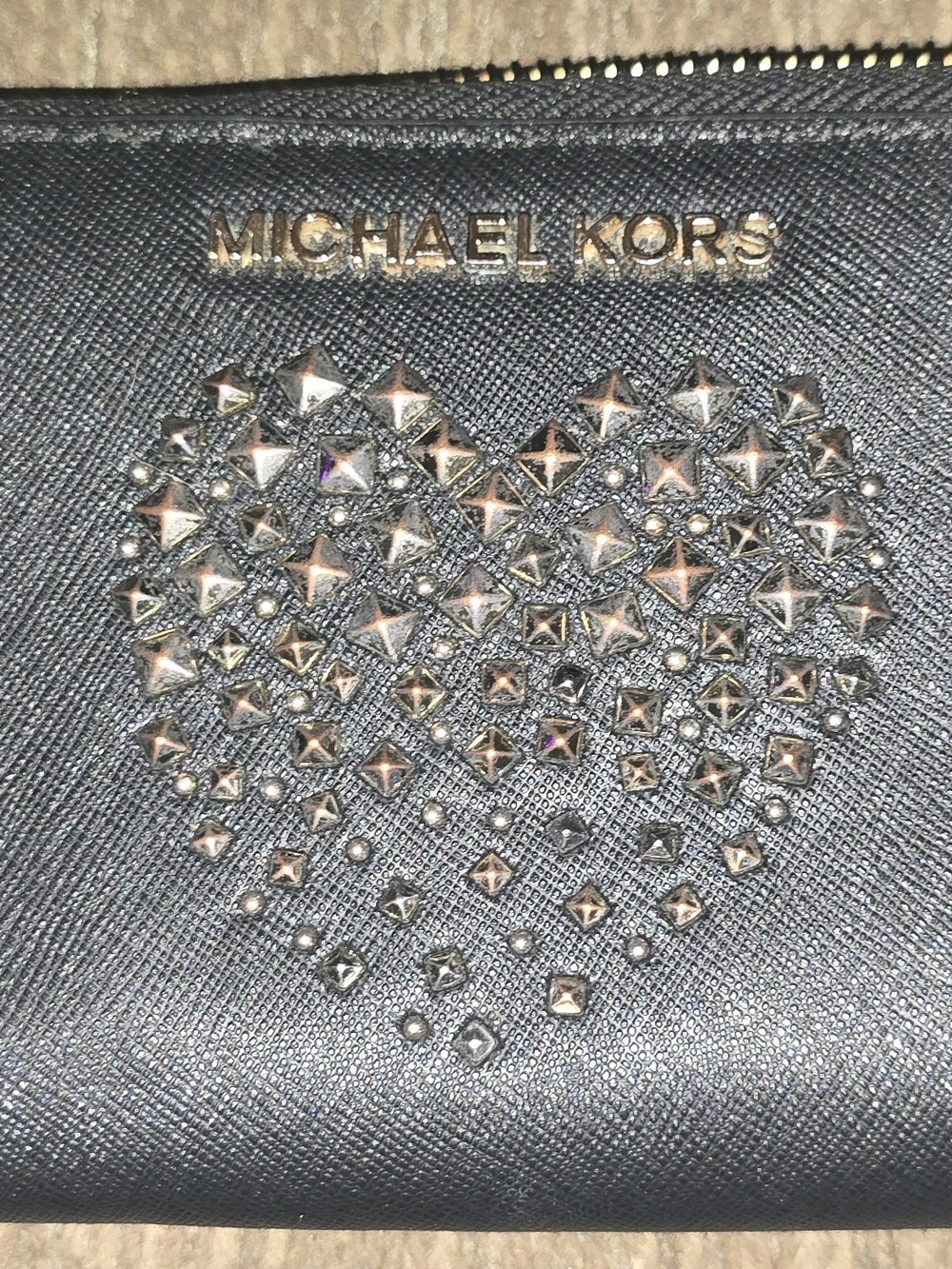 Michael Kors Black Heart-Stud Zip Wallet with Gold Logo